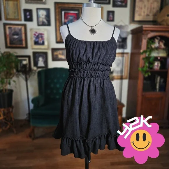 Vintage Y2K Liberty Love Black Ruffle Spaghetti Strap Smocked Waist Mini Dress - Picture 1 of 7